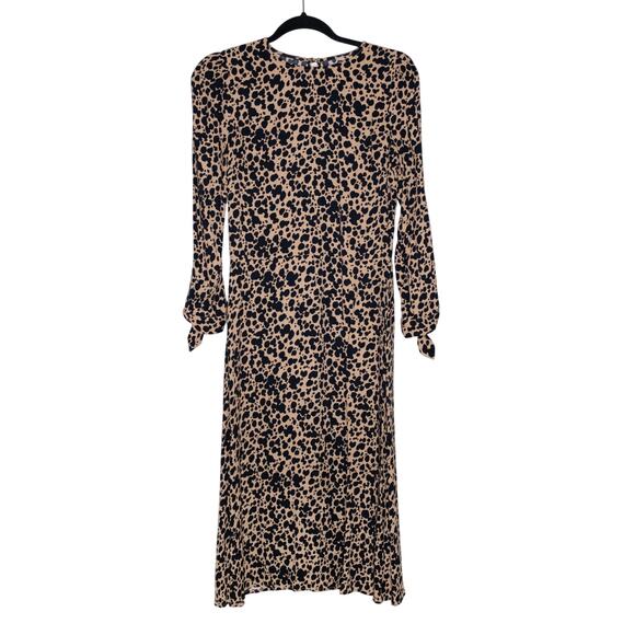 Reformation Port Dress Leopard Animal Print Tie Sleeve Modest Crepe Midi SZ 6 - Picture 3 of 8